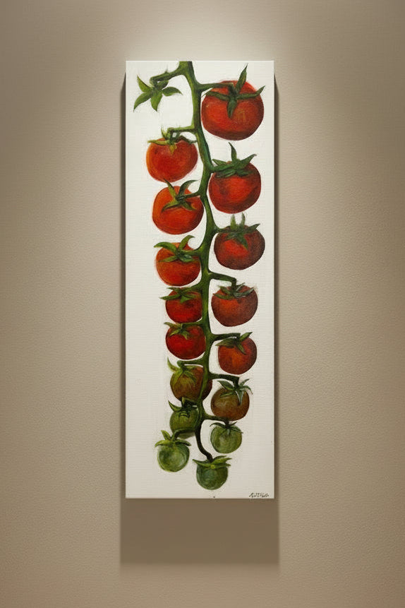 Illustration of tomatoes on a vine with green leaves on a white background