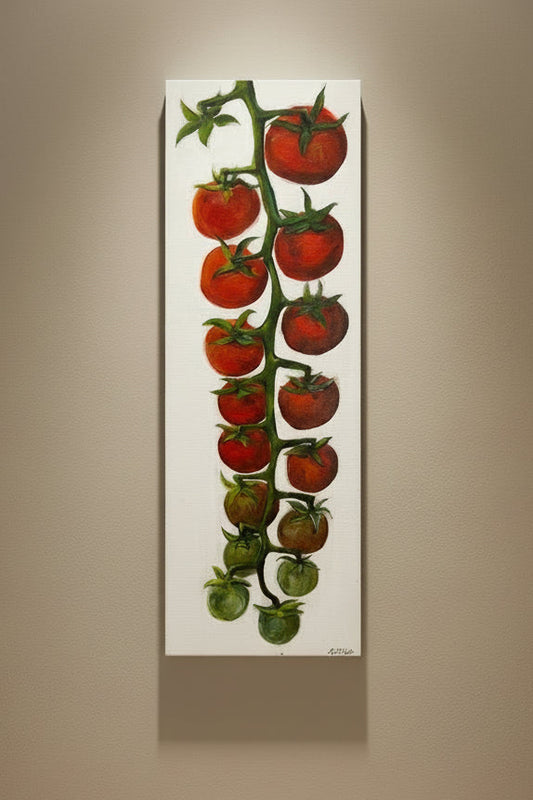 Illustration of tomatoes on a vine with green leaves on a white background