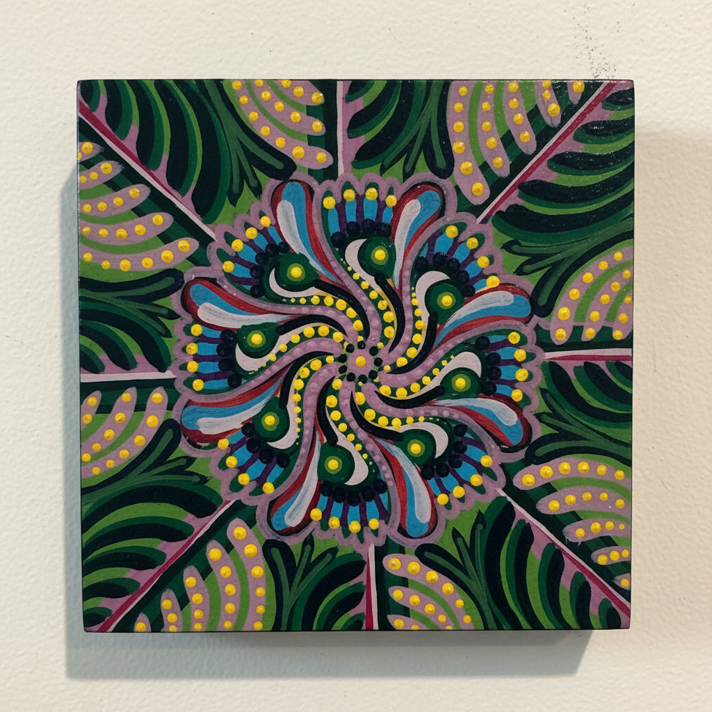 Colorful abstract design with floral elements and yellow dots on a black background